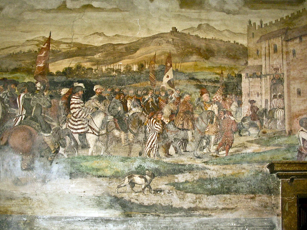 Il Romanino-415-Malpaga, castello - Visita di re Cristiani I di Danimarca - sala d'onore - dettaglio 4